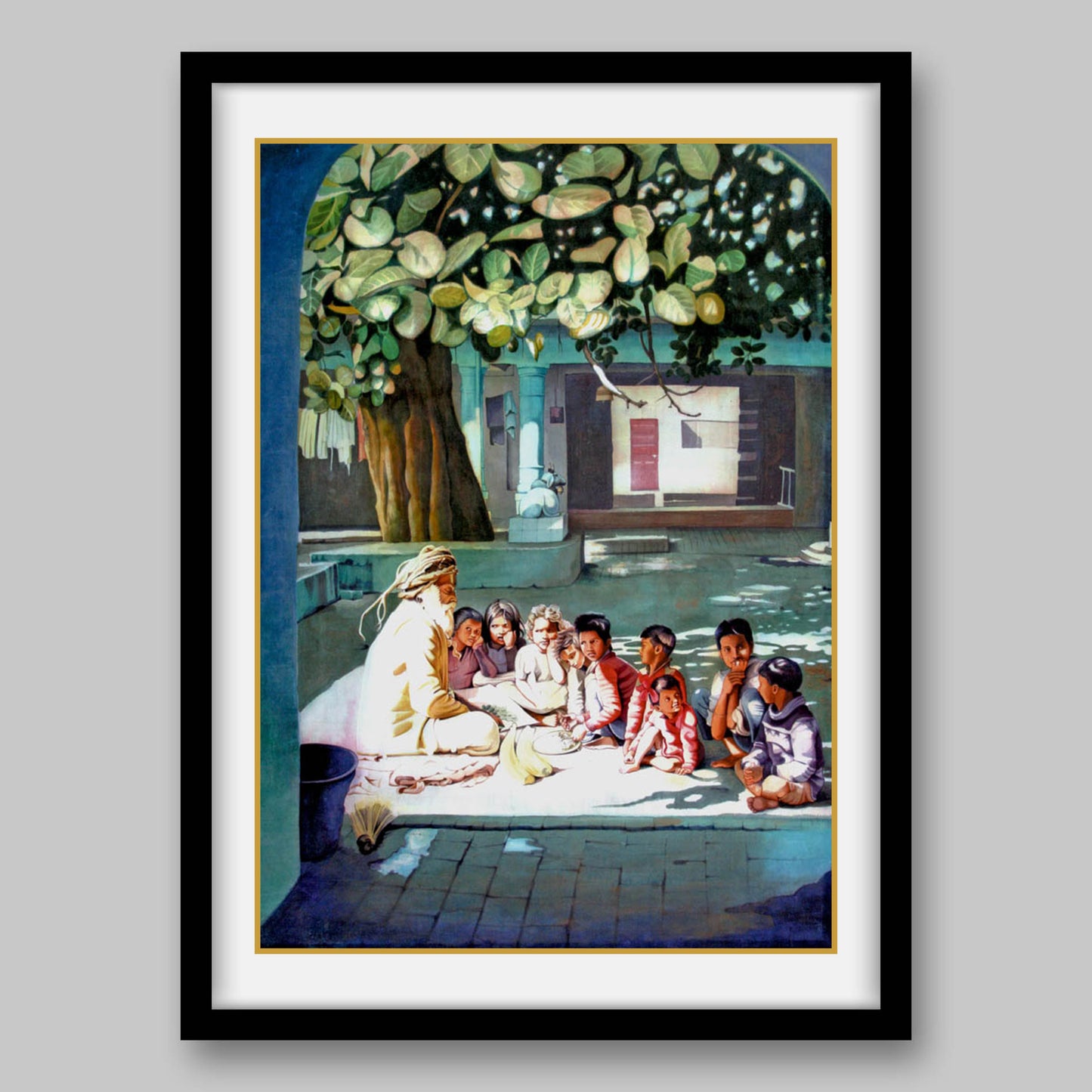 Sadhu with Children - High Quality Print of Artwork by Pieter Weltevrede - Sagar World