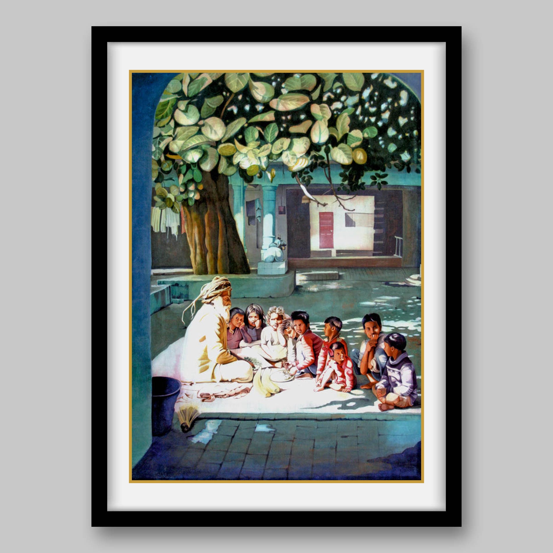 Sadhu with Children - High Quality Print of Artwork by Pieter Weltevrede - Sagar World