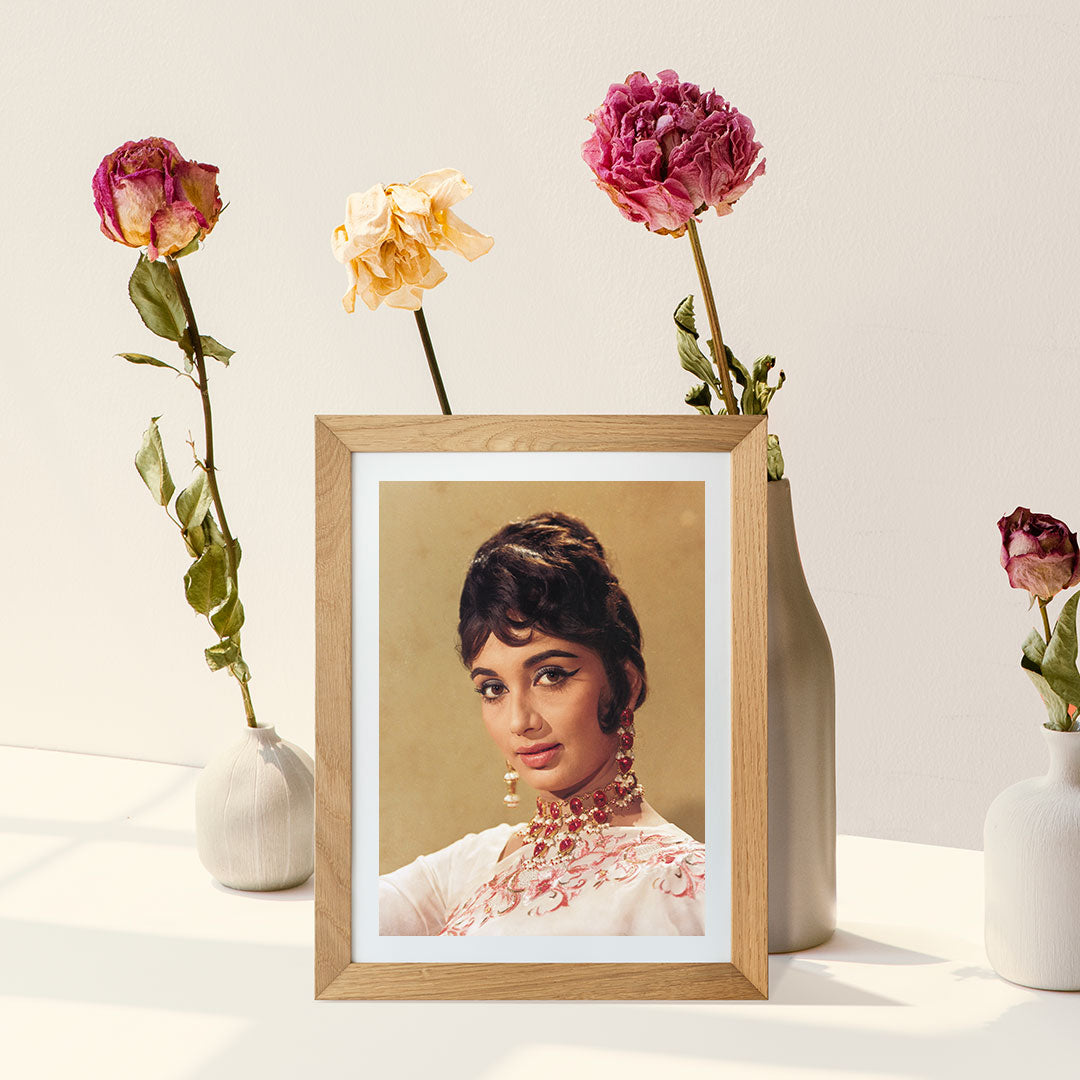 Sadhana Portrait in white sari- still from the movie “ARZOO” Personal Bollywood Photography of renowned cinematographer, Shri Prem Sagar. - Sagar World