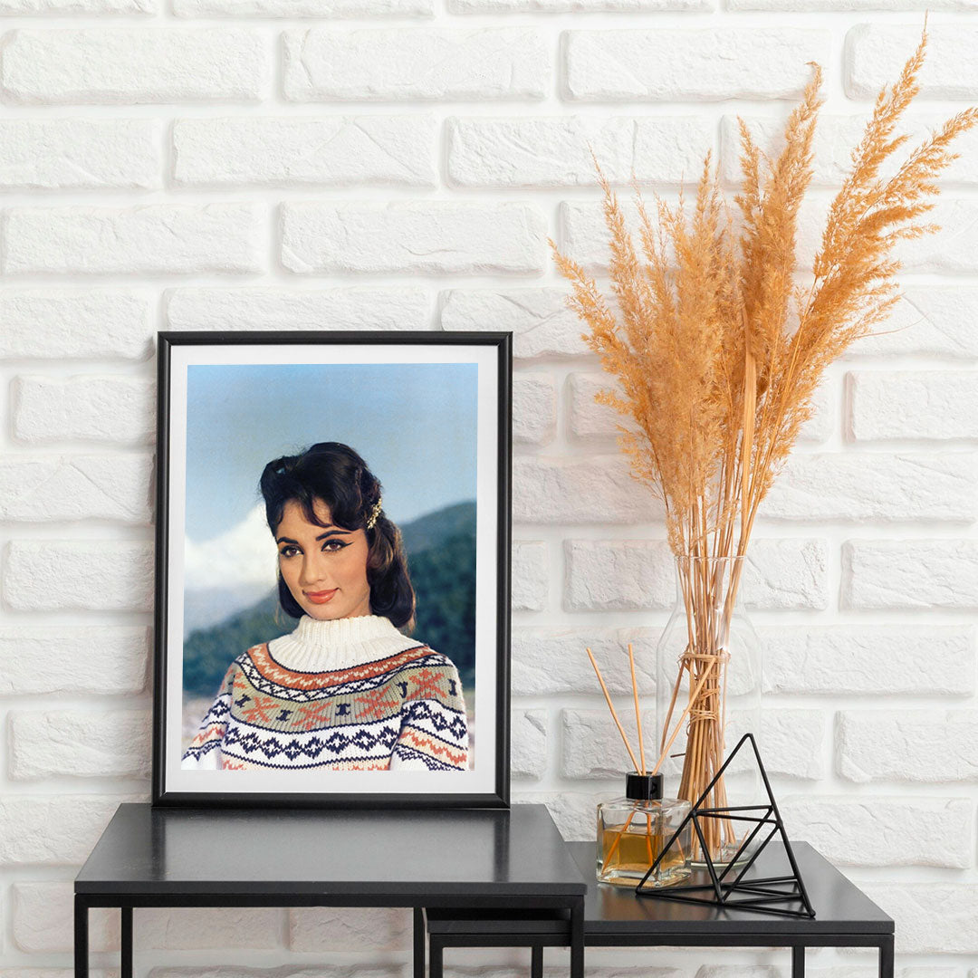 Sadhana Portrait in a white Sweater- still from the movie “ARZOO” Personal Bollywood Photography of renowned cinematographer, Shri Prem Sagar. - Sagar World