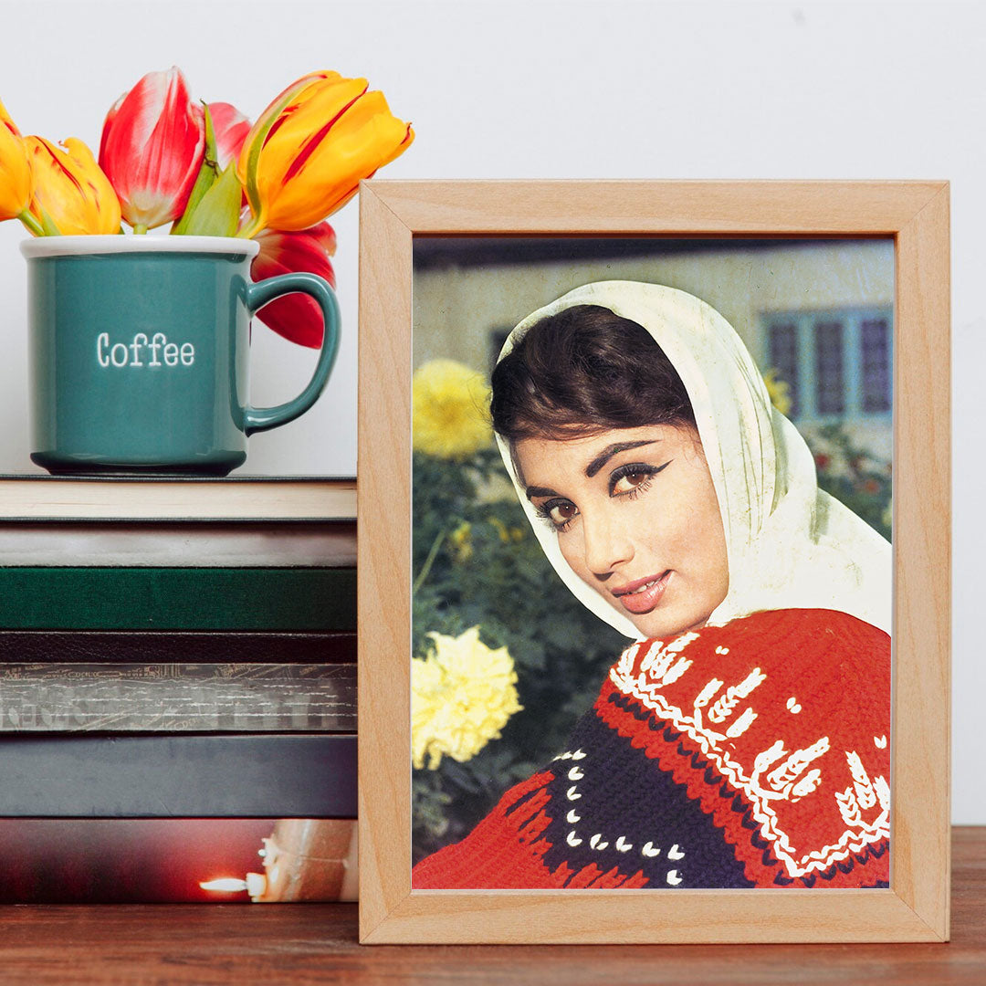 Sadhana Portrait in a Red Sweater with scarf- still from the movie “ARZOO” Personal Bollywood Photography of renowned cinematographer, Shri Prem Sagar. - Sagar World
