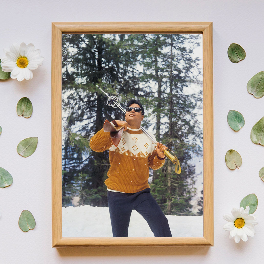 Rajendra Kumar in a Ice Skating in the valley of Kashmir Portrait - still from the movie “ARZOO” Personal Bollywood Photography of renowned cinematographer, Shri Prem Sagar. - Sagar World