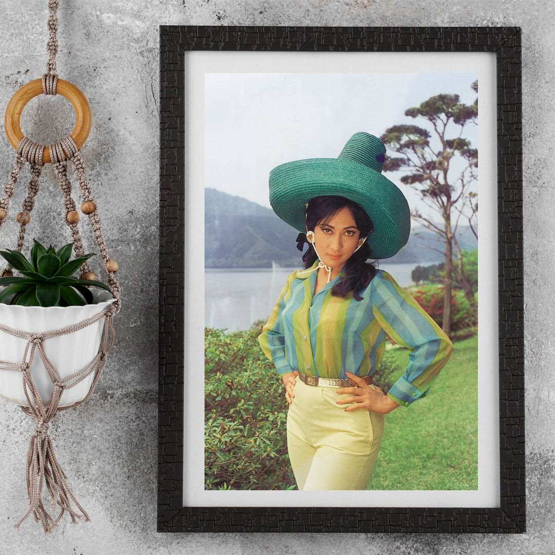 Mala Sinha in a Mexican hat in Japanese Landscape Portrait - still from the movie “ANKHEN” Personal Bollywood Photography of renowned cinematographer, Shri Prem Sagar. - Sagar World