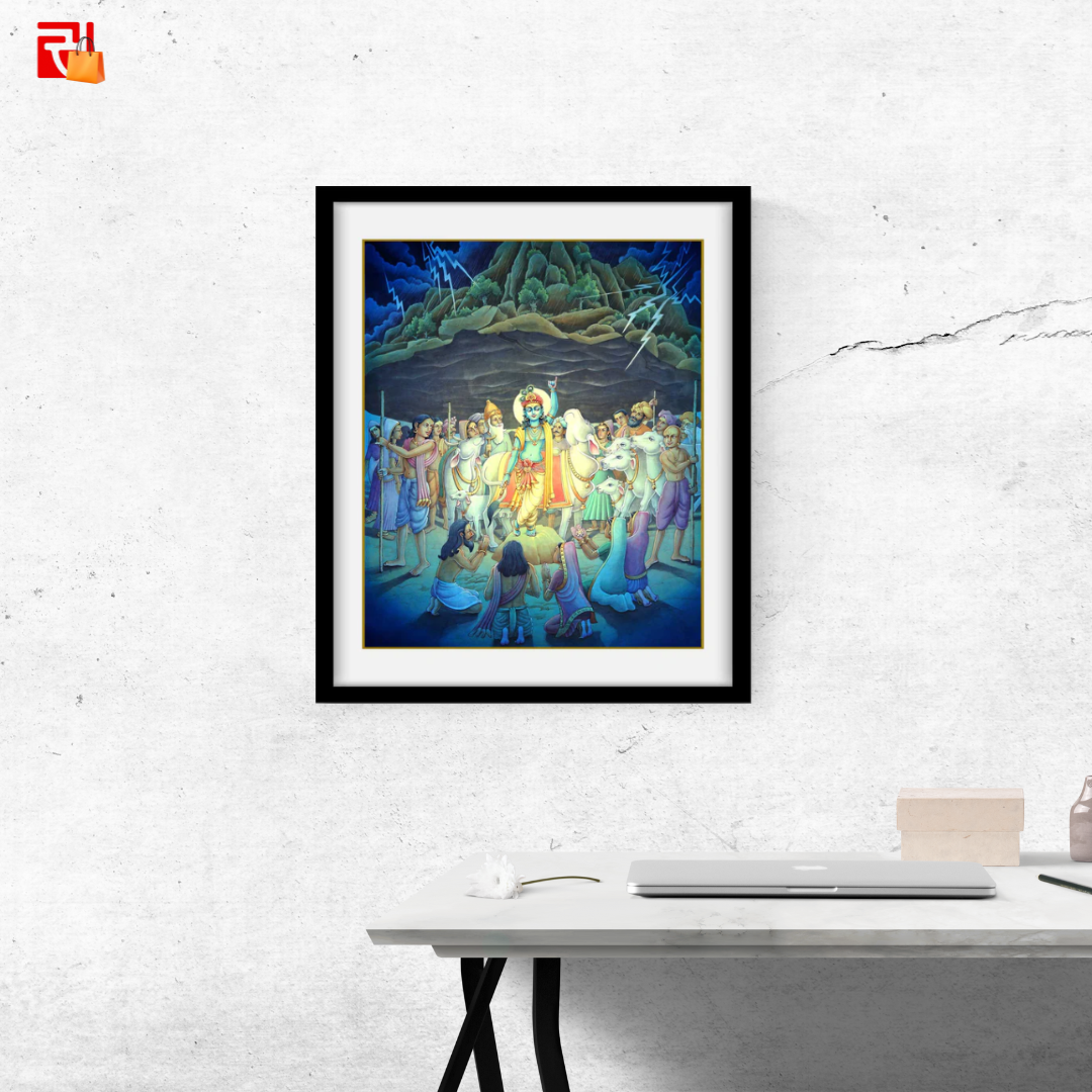 Krishna lifting Govardhan Parvat – High Quality Print of Artwork by Pieter Weltevrede - Sagar World