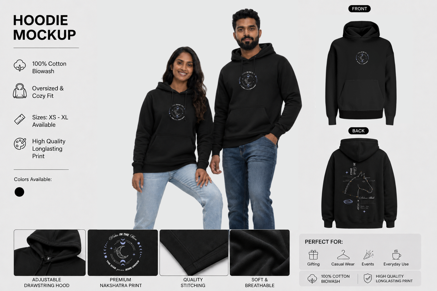 Ashwini Nakshatra Hoodie -  Vedic Astrology Inspired Unisex Cotton  hoodie | Spiritual Minimalist Wear