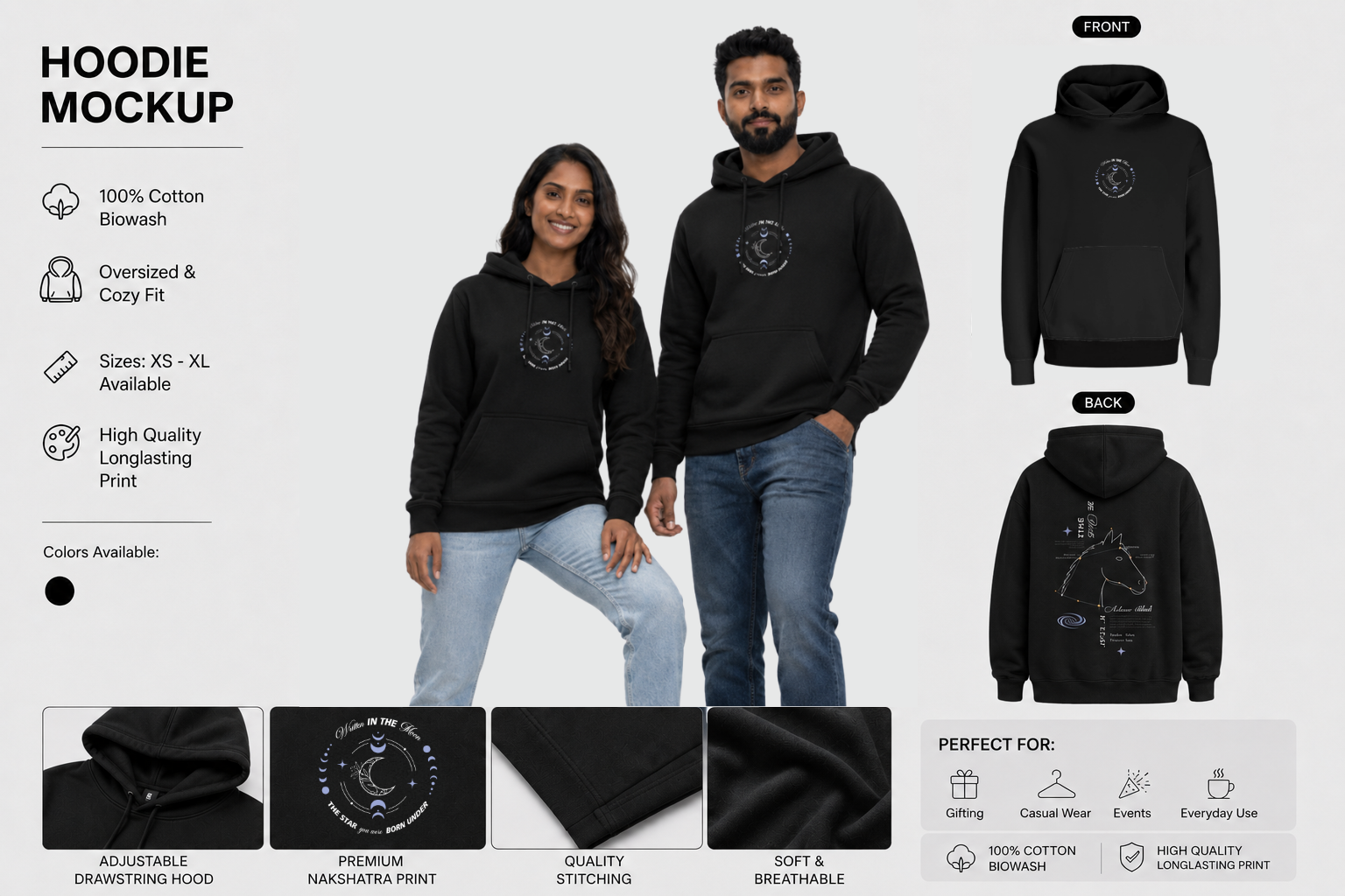 Ashwini Nakshatra Hoodie -  Vedic Astrology Inspired Unisex Cotton  hoodie | Spiritual Minimalist Wear