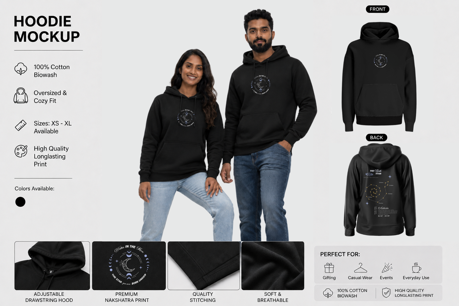 Ashlesha Nakshatra Hoodie – Vedic Astrology Inspired Unisex Cotton hoodie | Spiritual Minimalist Wear