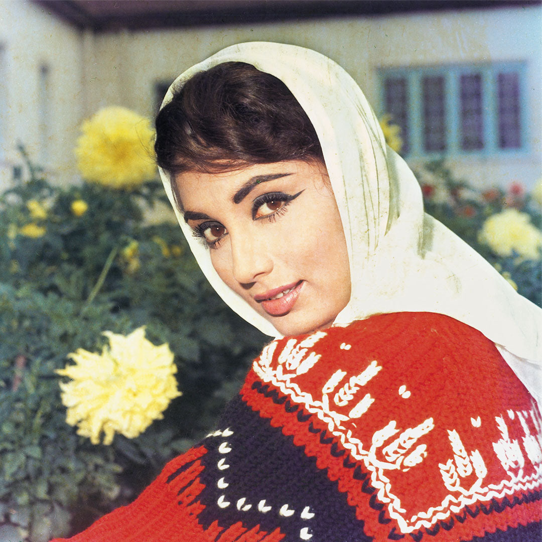Sadhana Portrait in a Red Sweater with scarf- still from the movie “ARZOO” Personal Bollywood Photography of renowned cinematographer, Shri Prem Sagar. - Sagar World