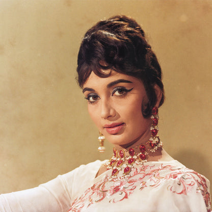 Sadhana Portrait in white sari- still from the movie “ARZOO” Personal Bollywood Photography of renowned cinematographer, Shri Prem Sagar. - Sagar World