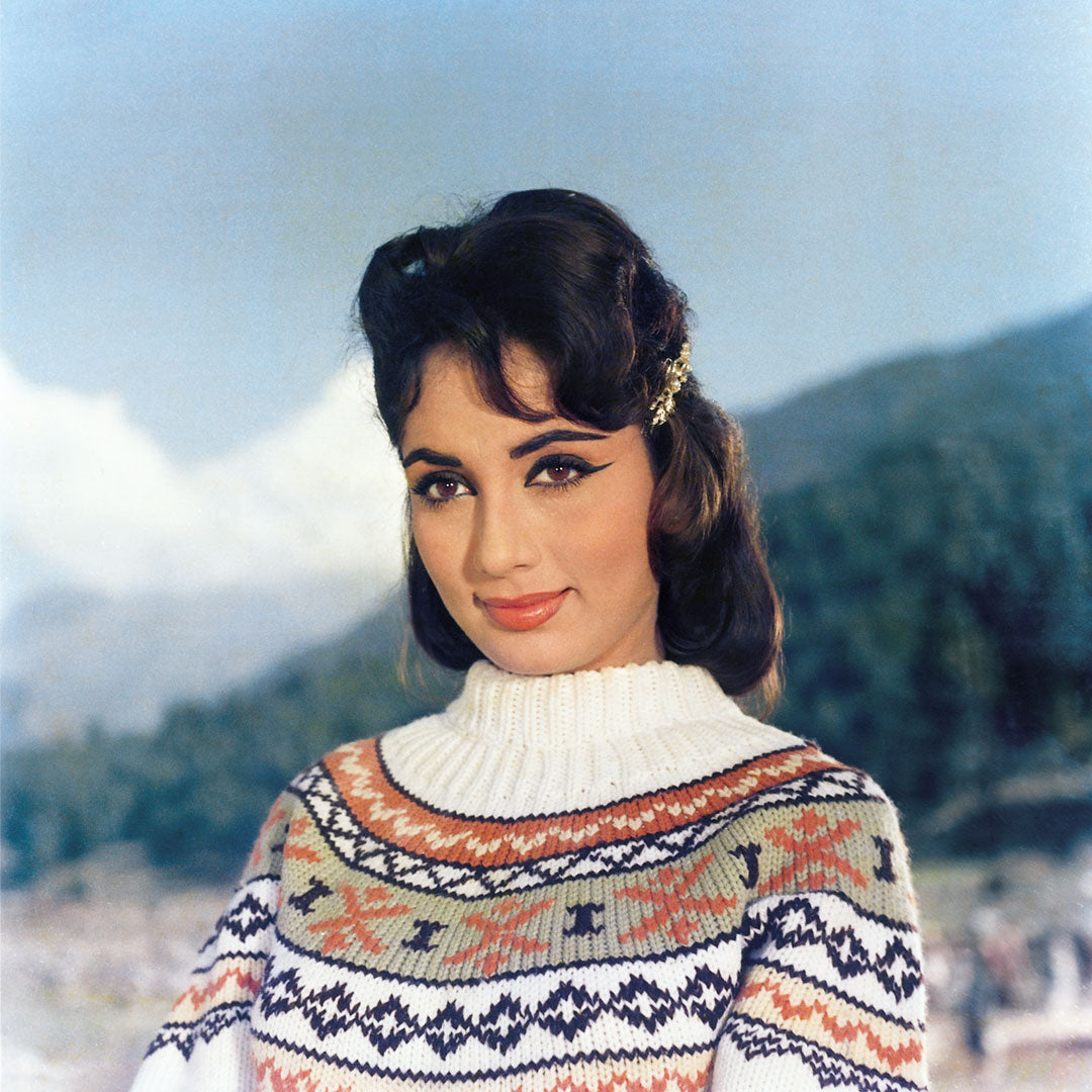 Sadhana Portrait in a white Sweater- still from the movie “ARZOO” Personal Bollywood Photography of renowned cinematographer, Shri Prem Sagar. - Sagar World
