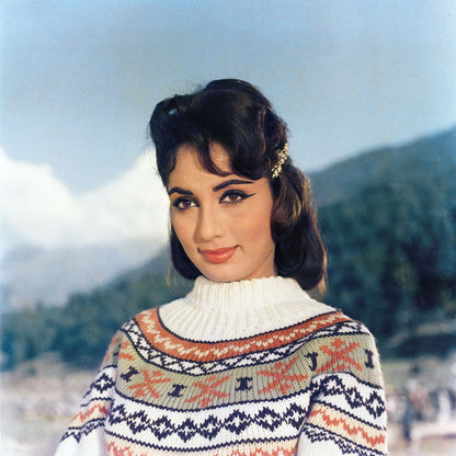 Sadhana Portrait in a white Sweater- still from the movie “ARZOO” Personal Bollywood Photography of renowned cinematographer, Shri Prem Sagar. - Sagar World