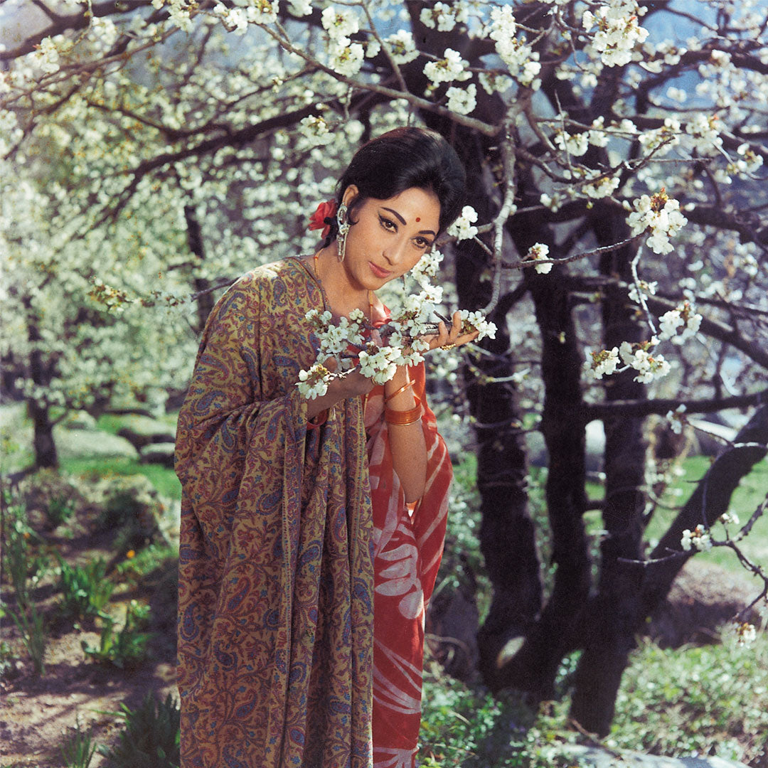 Mala Sinha in a Red Sari with Shawl Portrait- still from the movie, “GEET” Personal Bollywood Photography of renowned cinematographer,  Shri Prem Sagar. - Sagar World