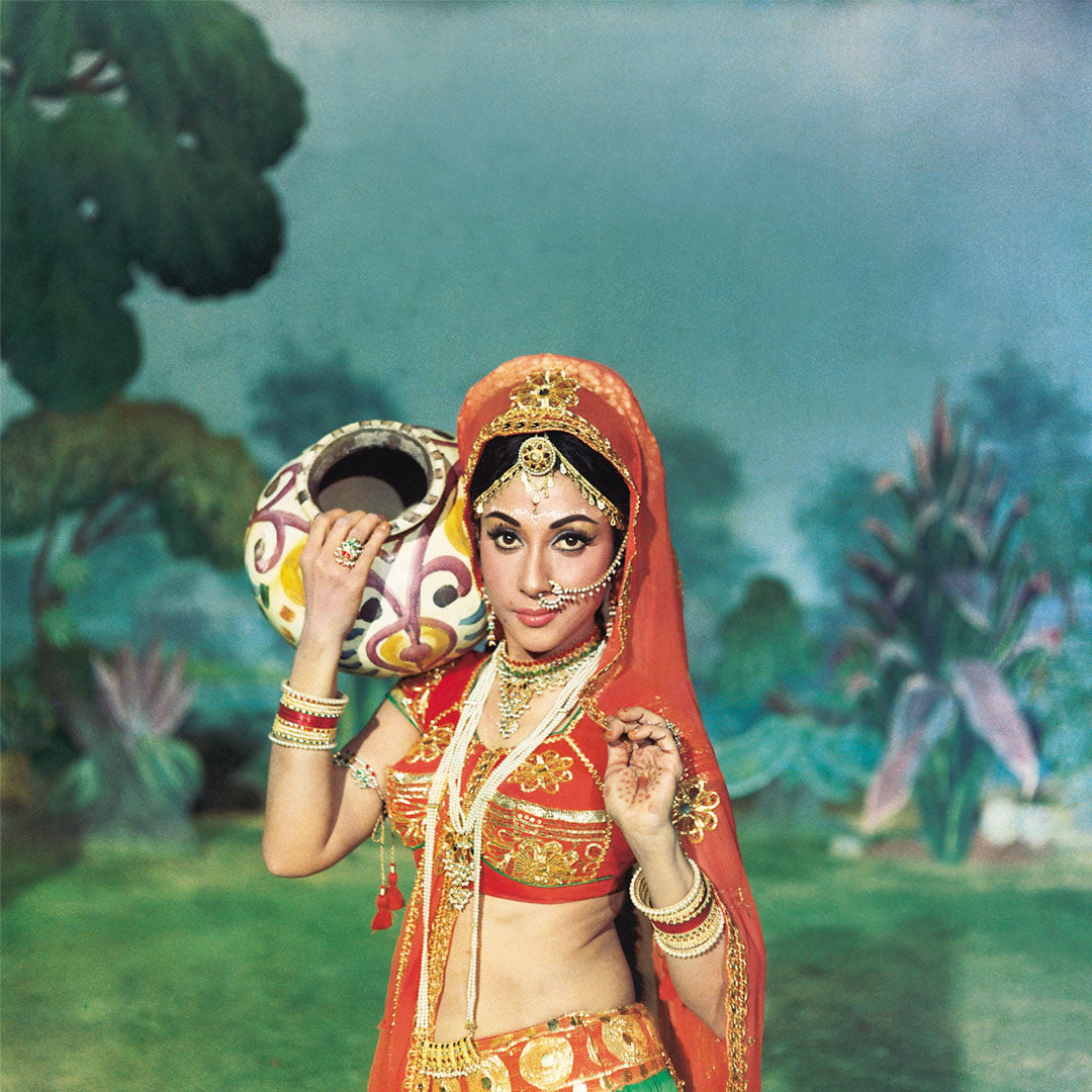 Mala Sinha in a Red and Green Lehenga Portrait  - still from the movie, “GEET” Personal Bollywood Photography of renowned cinematographer,  Shri Prem Sagar. - Sagar World