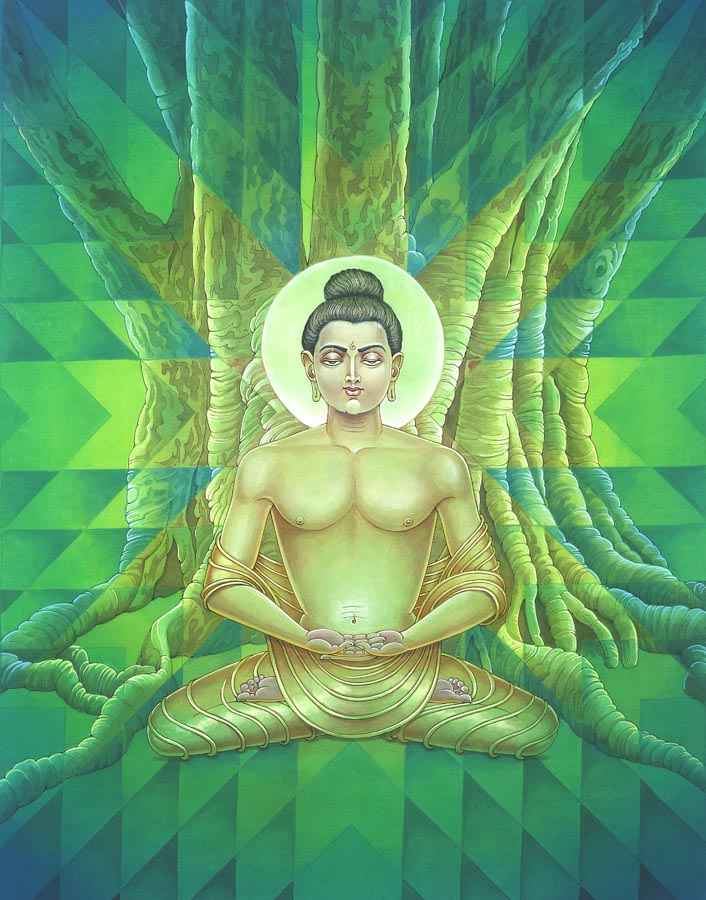 Gautam Buddha Meditating under Bodhi Tree to Attain Enlightenment – High Quality Print of Artwork by Pieter Weltevrede