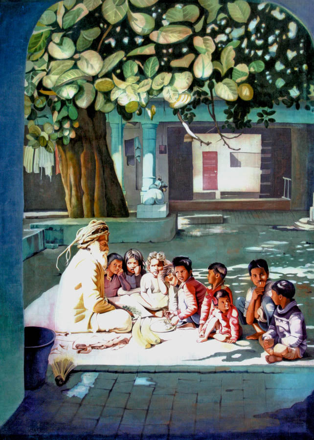 Sadhu with Children - High Quality Print of Artwork by Pieter Weltevrede - Sagar World