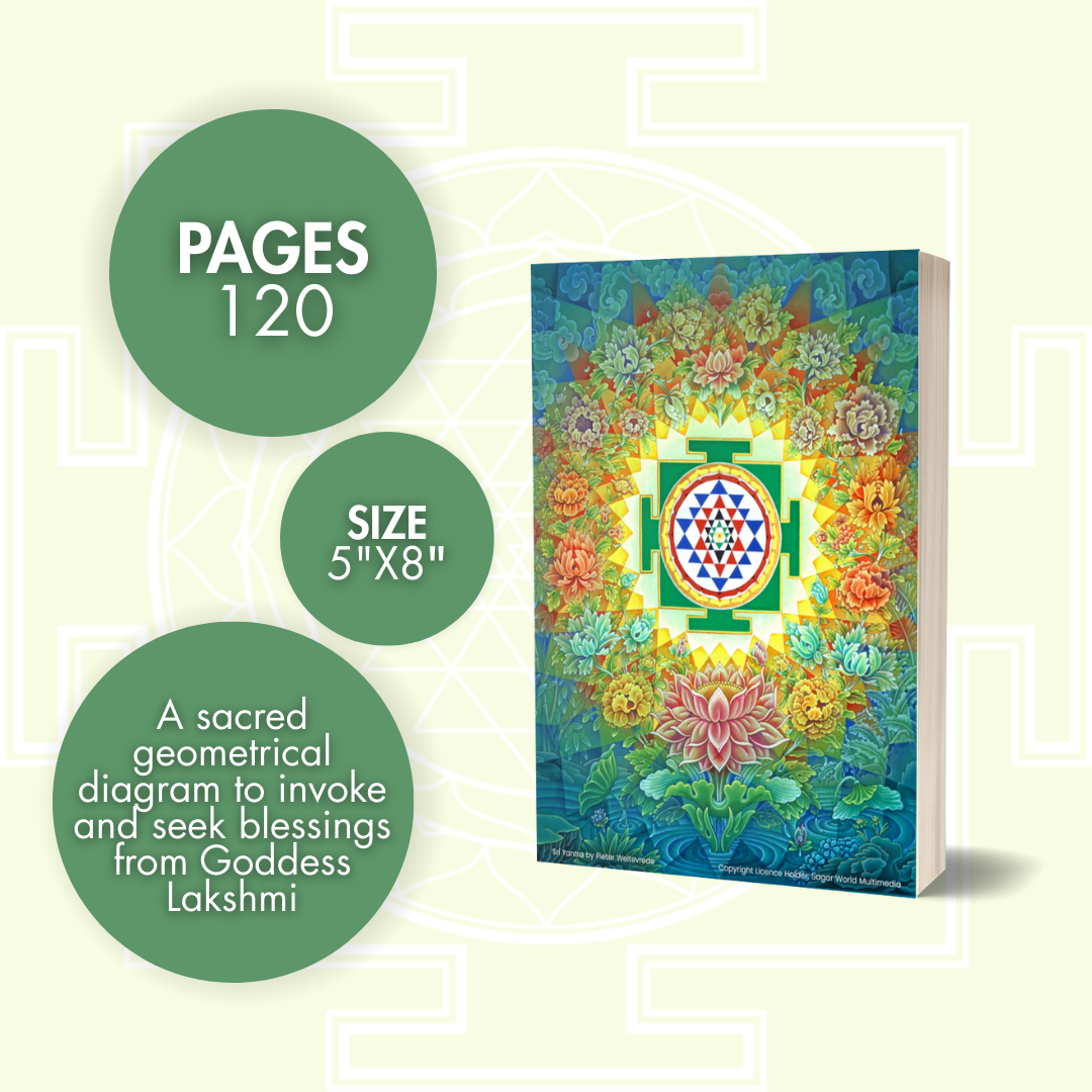 Sri Yantra Notebook product display with size and page count, highlighting its use for invoking blessings from Goddess Lakshmi.