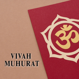 Vivah Muhurat card with Om symbol on red background, representing auspicious wedding timing in Muhurat Finding - Choose the Right Time for Success and Harmony.