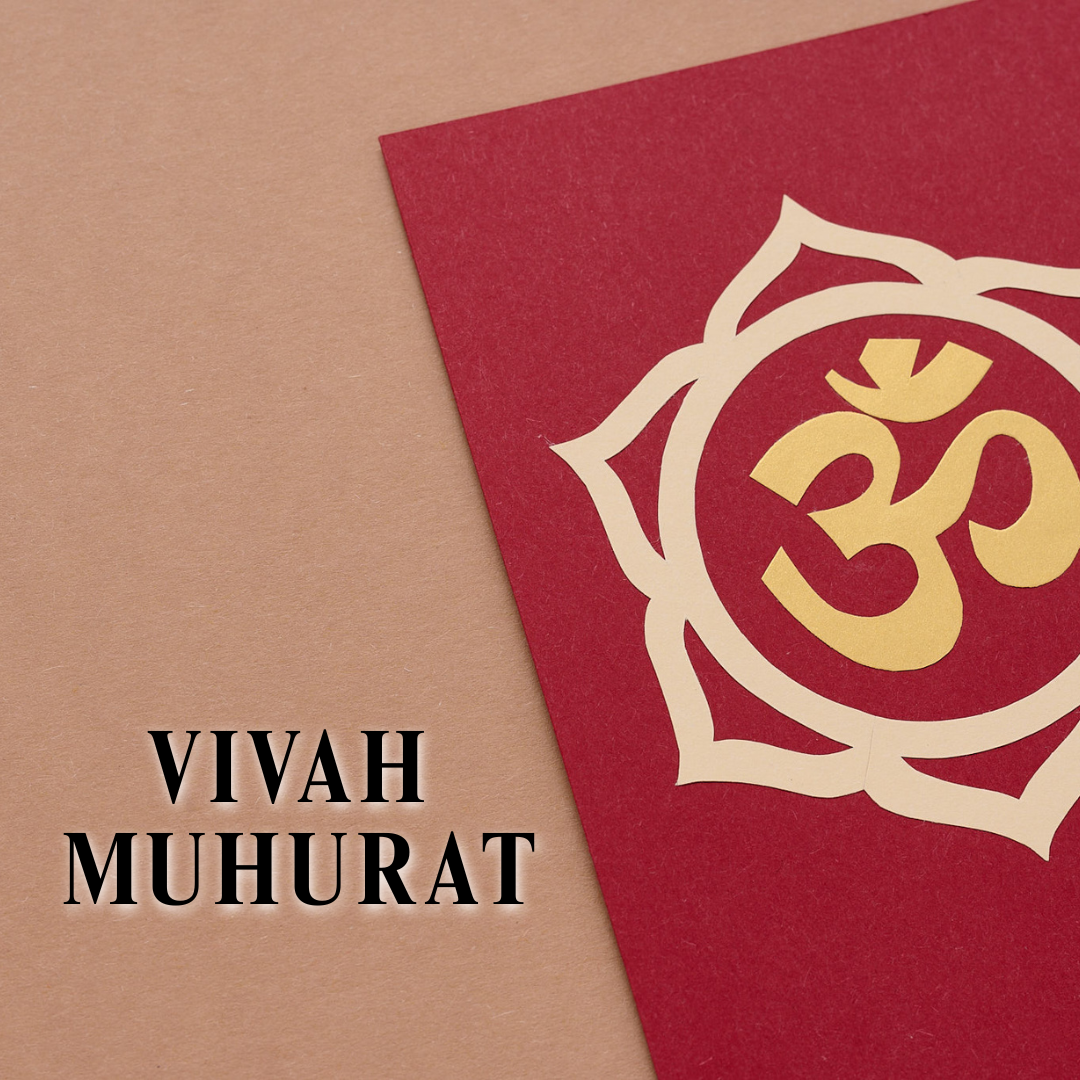 Vivah Muhurat card with Om symbol on red background, representing auspicious wedding timing in Muhurat Finding - Choose the Right Time for Success and Harmony.