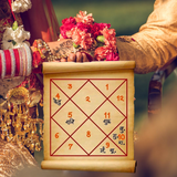 Kundali Milan - Kundali Matching for Marriage featuring a traditional Hindu couple holding hands with a visible horoscope chart overlay. Ideal for astrology-based matrimonial services.