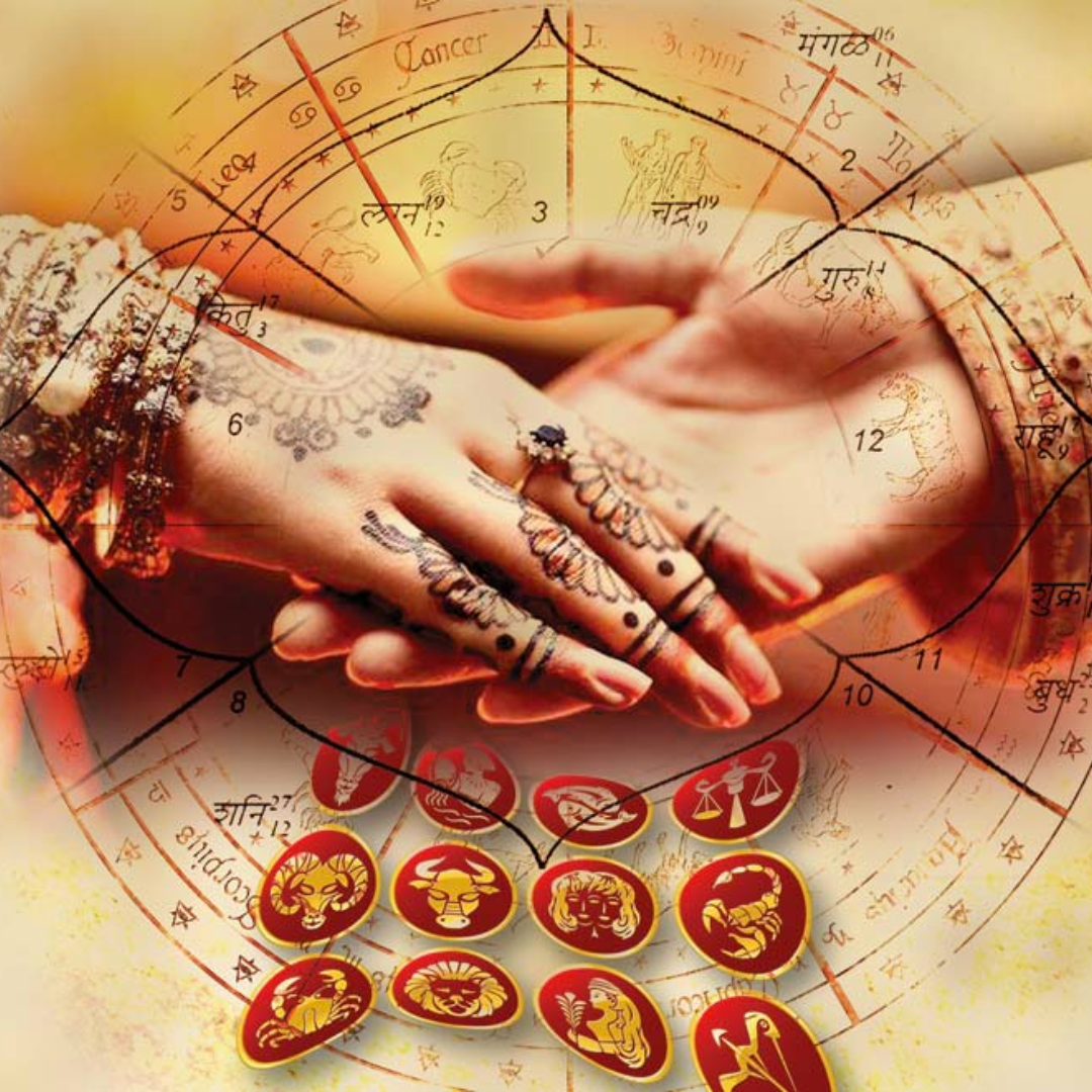 Kundali Matching for Marriage with zodiac signs and a couple's hands joined in a traditional ceremony. Perfect for promoting horoscope compatibility services.