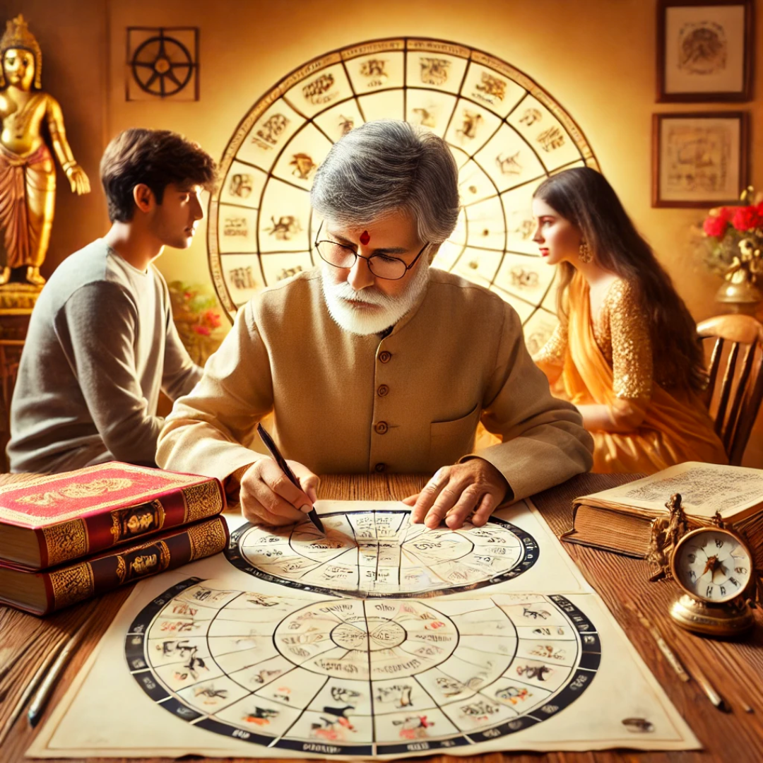 Astrologer performing Kundali Milan - Kundali Matching for Marriage with a couple in background and detailed birth charts. Great for astrology consultation promotions.