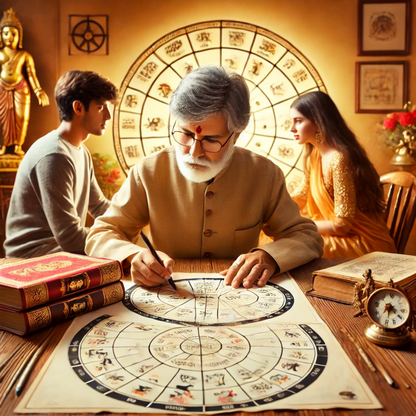 Astrologer performing Kundali Milan - Kundali Matching for Marriage with a couple in background and detailed birth charts. Great for astrology consultation promotions.