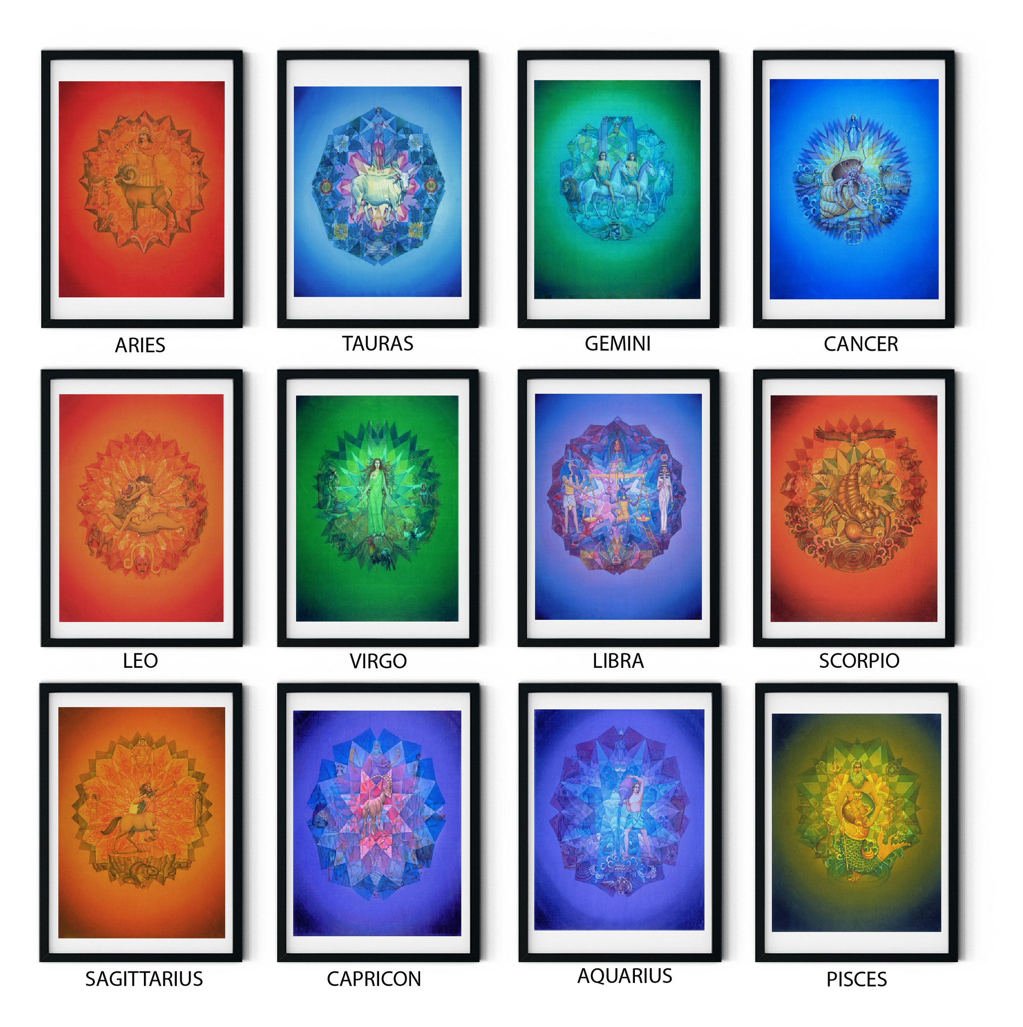 All Zodiac Mandala Art combo Set – The 12 Vedic Zodiac Signs High-Quality Art Prints by Pieter Weltevrede